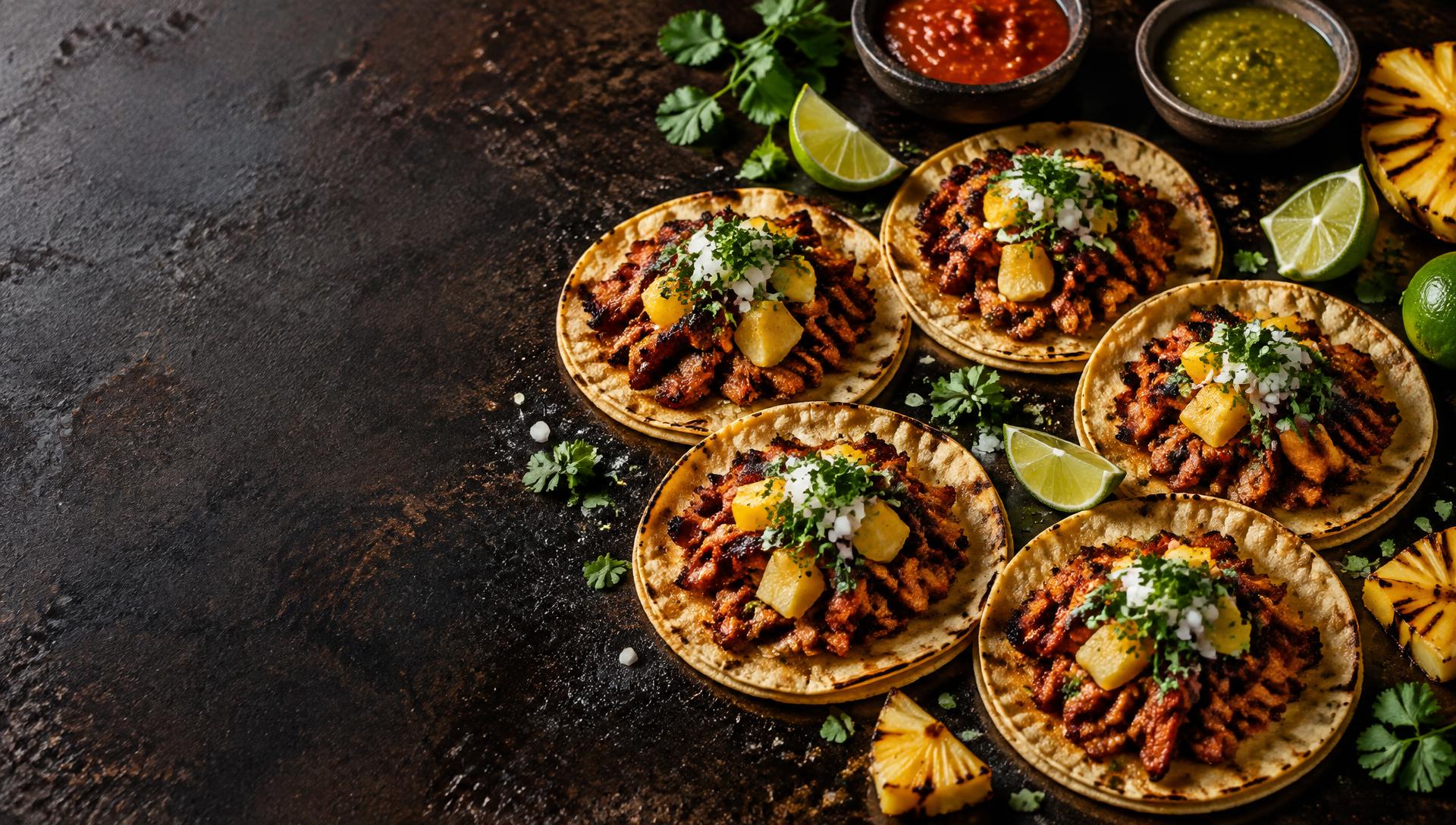 Tacos al pastor con piña, salsas y limón